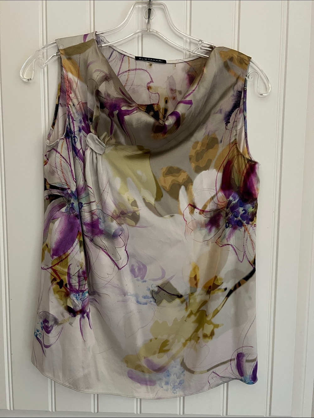 Elie Tahari Cream Floral Silk Cowl Neck Tank with Purple and Gold Accents